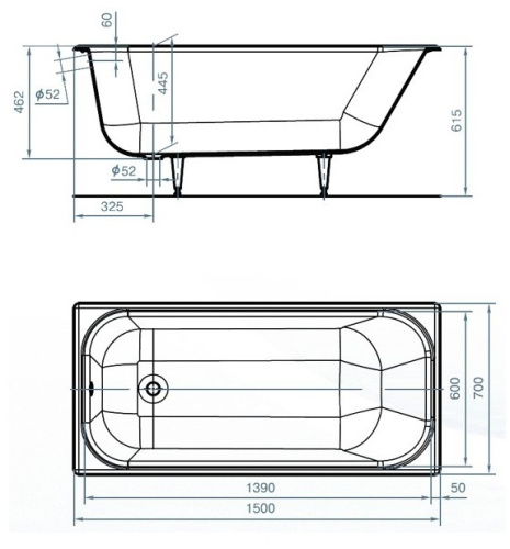 Ванна чугунная "Ностальжи У" 150*70*44,5см  (4 ножки в комплекте)
