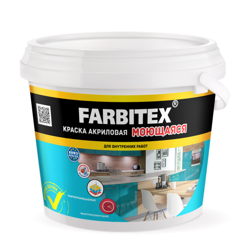 Краска акриловая FARBITEX моющаяся, белая, 3 кг